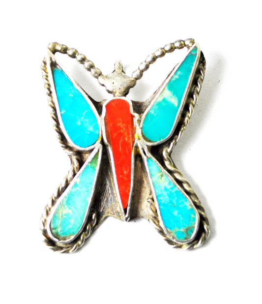 Sterling Silver Turquoise & Coral Red Blue Butterfly Slide Pendant 1.5"