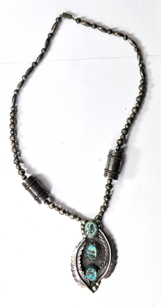 Sterling Handcrafted 20" Bead Necklace 3 Turquoise 3-1/4" x 2" Pendant Signed M