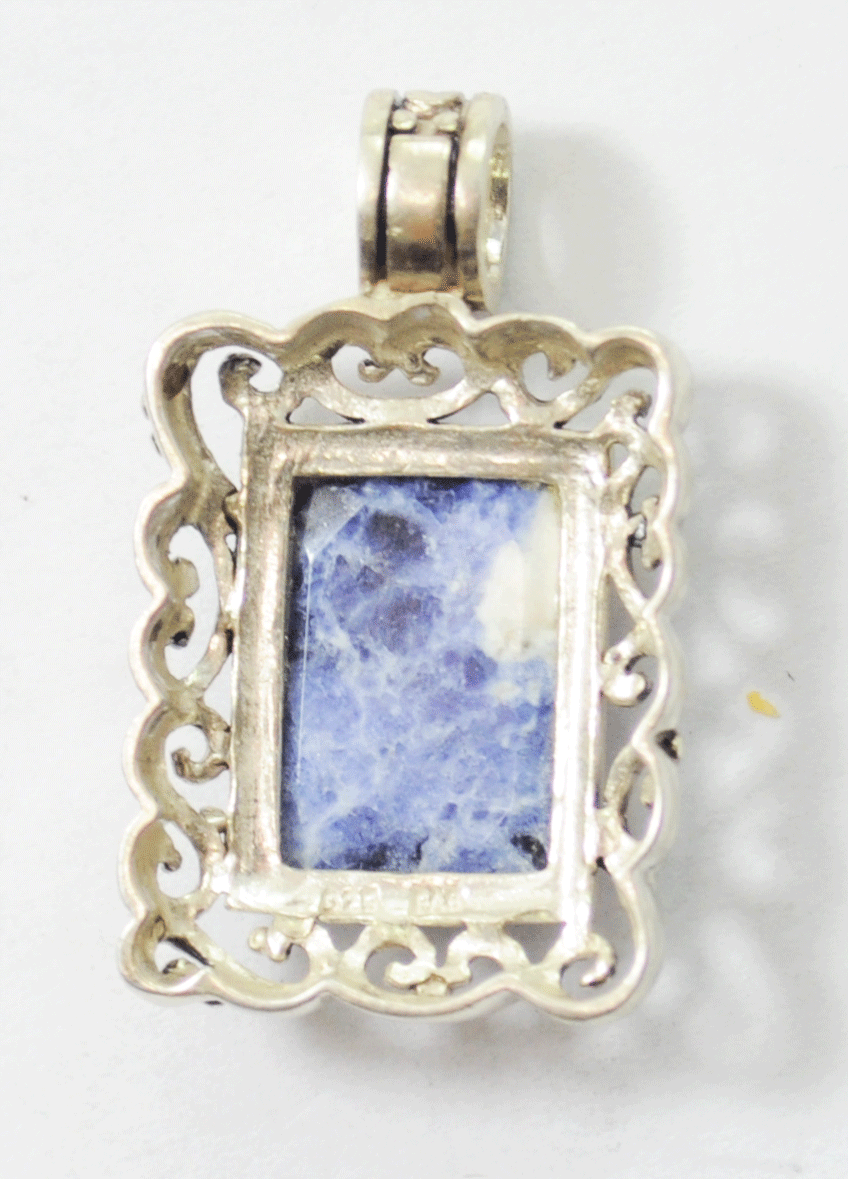 Sterling Rectangle Picture Frame Filigree Pendant Blue Sodalite 20mm x 33mm