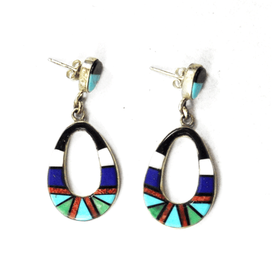 Sterling Multi Stone Turquoise Onyx Coral Oval Hoop Inlay Earrings 43mm x 18mm