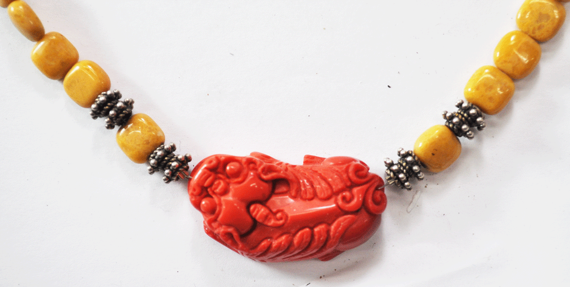 Sterling 10mm Amber Bead 18.25" Necklace Carved Coral Dragon Pendant 25mmX42mm