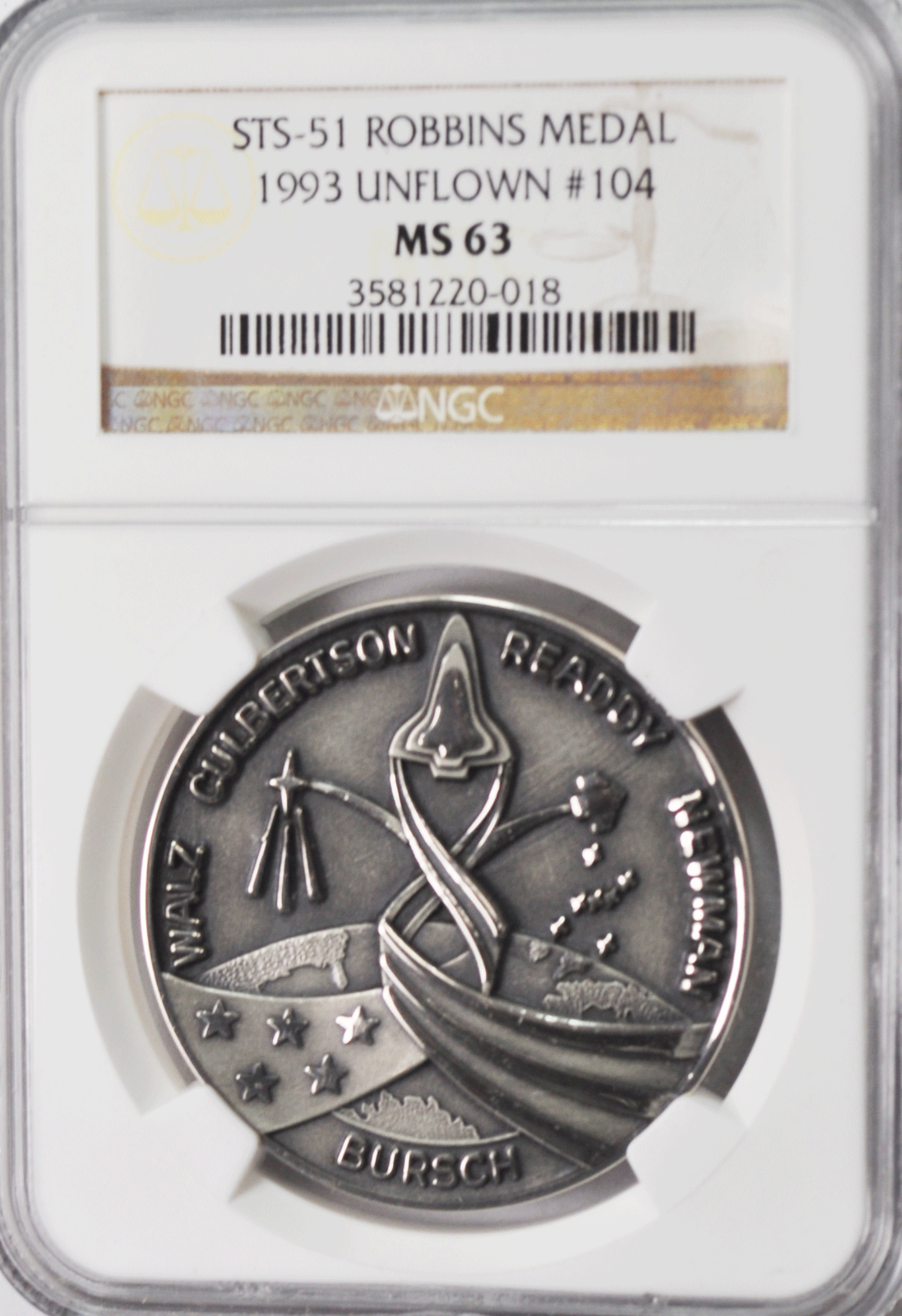 1993 STS-51 Robbins Silver Space Medal Unflown #104 NGC MS63 Discovery