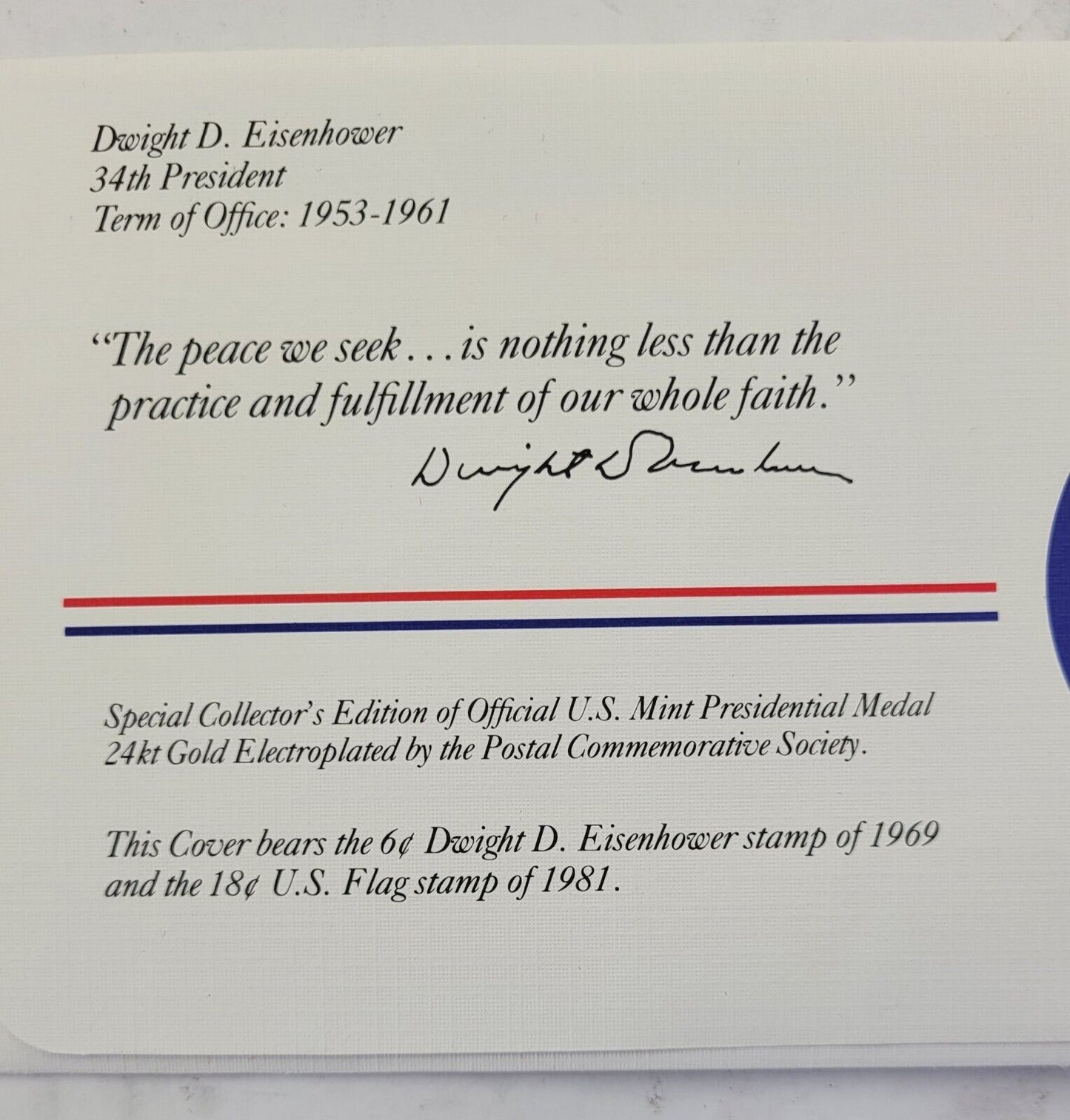 Eisenhower Presidential Covers Medal Postal Commemorative Society Gold Plated