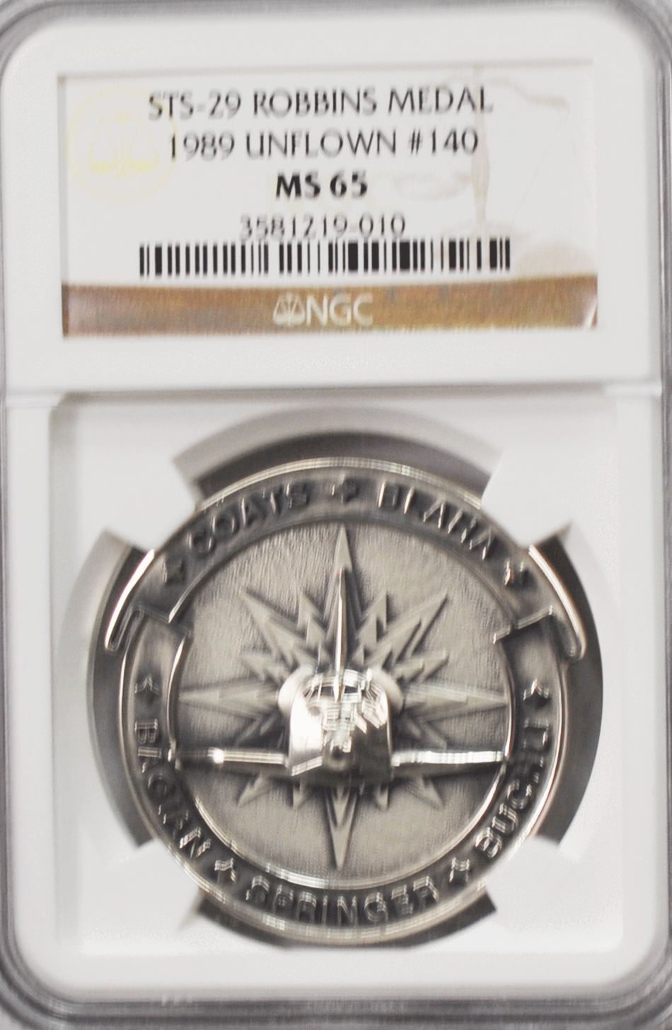 1989 STS-29 Robbins Space Silver Medal Unflown #140 NGC MS65 Discovery