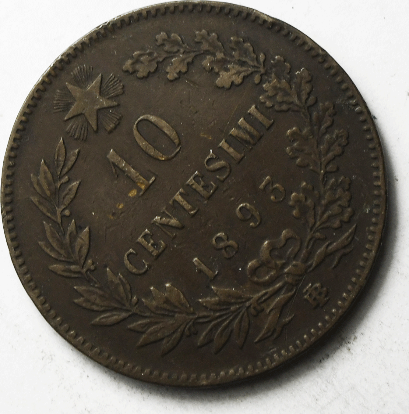 1893 B/I Italy 10 Ten Centesimi Copper Coin KM# 27.1