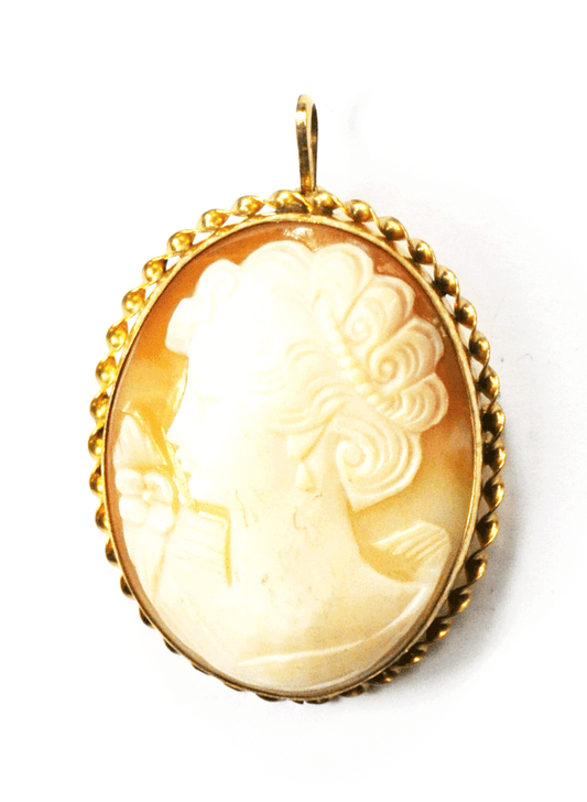 Gold Filled CC Shell Cameo Brooch Pin Twist Edge 1-3/4" x 1-1/4" Pendant