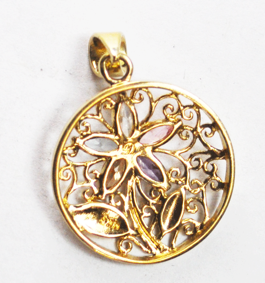 Sterling Multi Color Stone Gold Tone Flower Filigree 32mmx22mm Pendant 4mm Bale