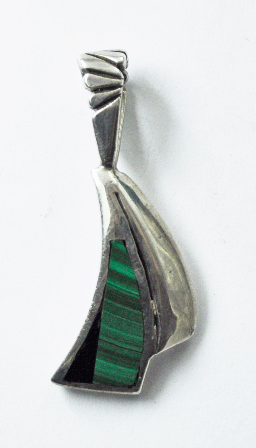 Sterling Jaxon Malachite & Onyx Green Inlay Triangular Pendant Etched 1.5"