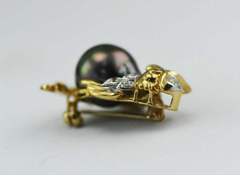 14kt Yellow Gold Ruby Eyed Owl Pin with Tahitian South Sea Pearl & Diamonds