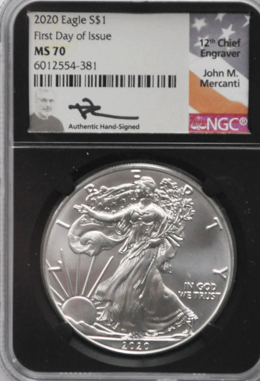 2020 $1 American Silver Eagle One Dollar Coin NGC MS70 First Day John Mercanti