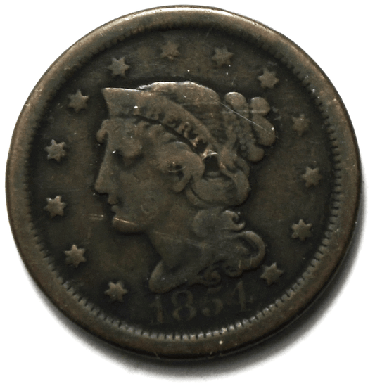 1851 1c Braided Hair Large Cent One Penny US 60 Degree Rotated Die Error