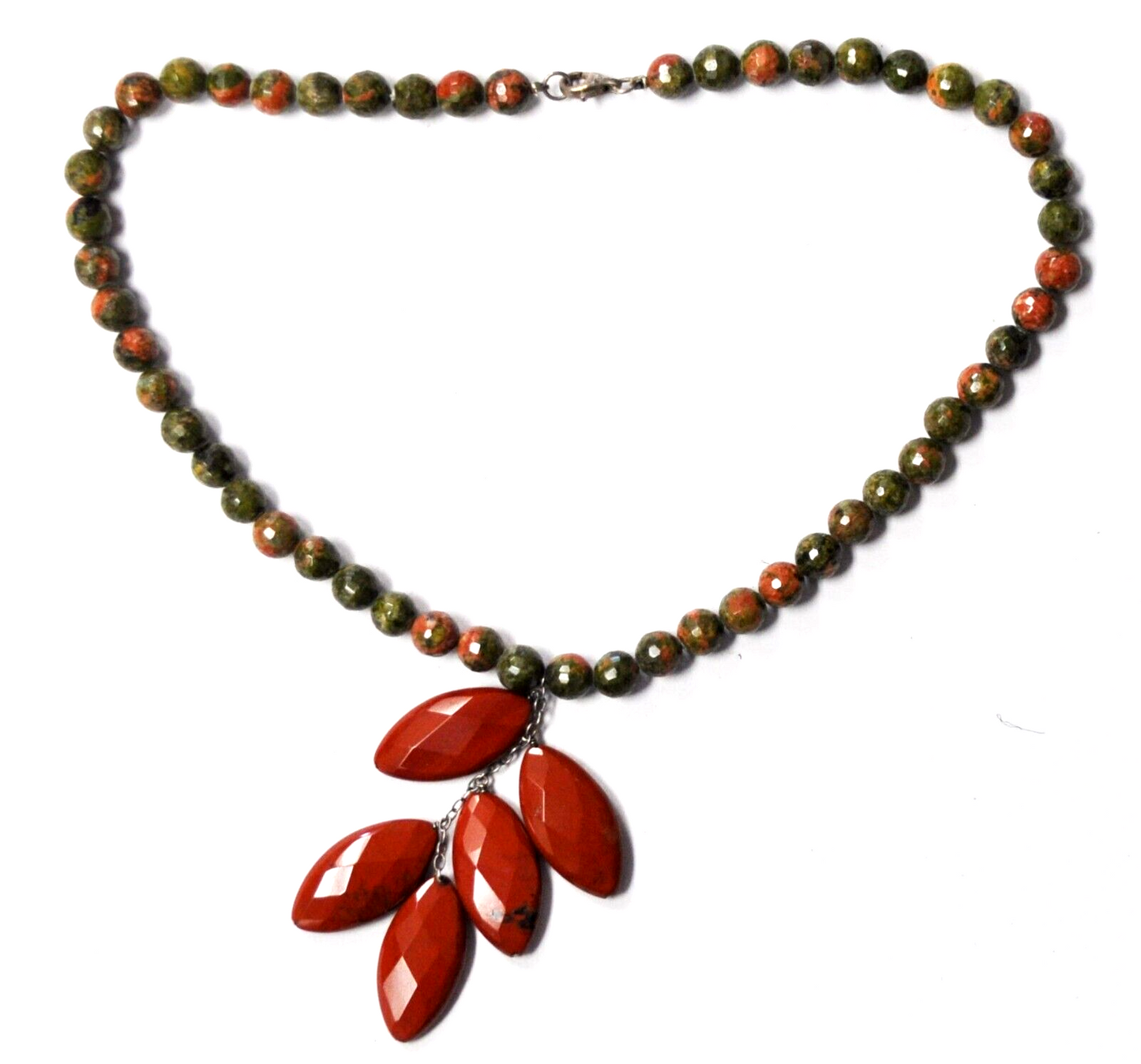 Sterling 8mm Unakite Bead 30mm Red Jasper Faceted Stones Bead 17.5" Necklace