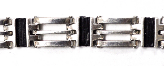 Sterling Silver 3 Bar Black Textured Stripe Bracelet 12mm 8-1/2"