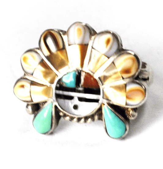 Sterling AL Zuni Sunface Stamp Inlay Ring Headdress 22mm Size 5-3/4