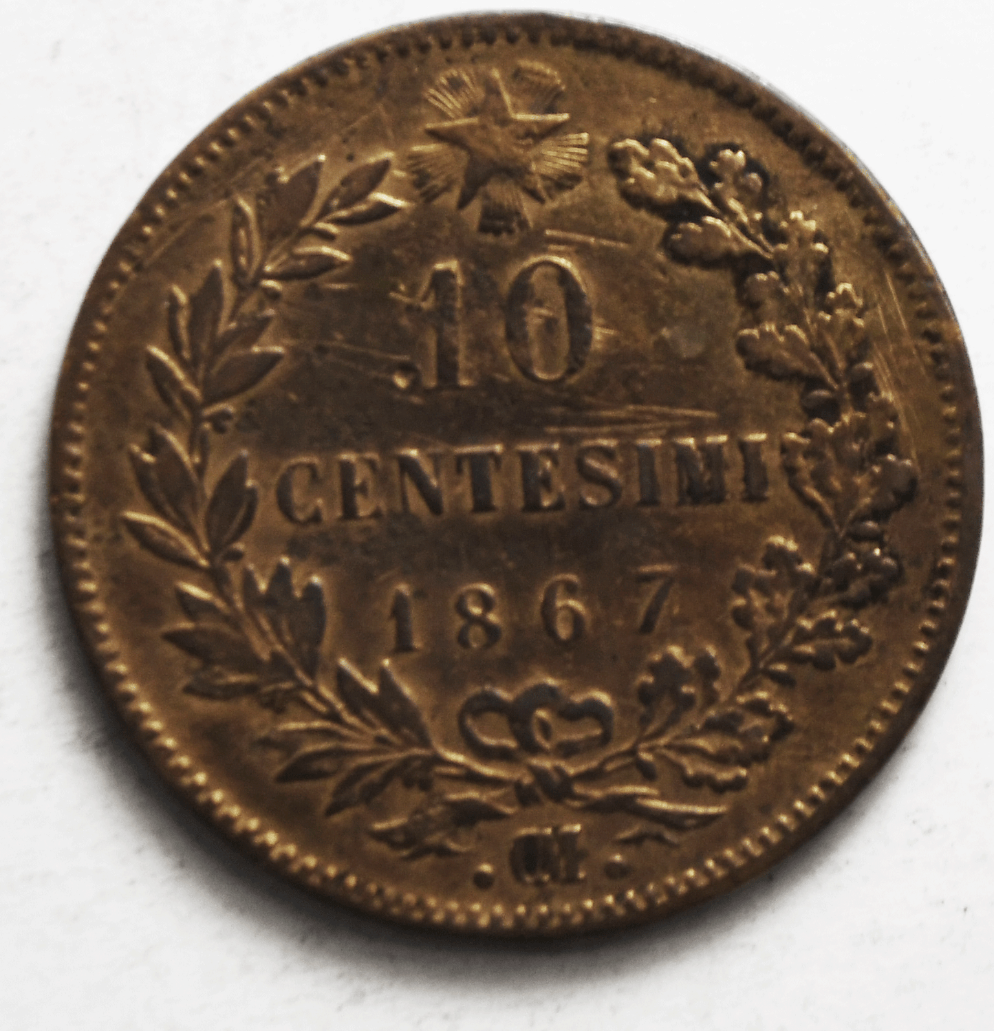 1867 OM Italy 10 Ten Centesimi Copper Coin KM# 11.5