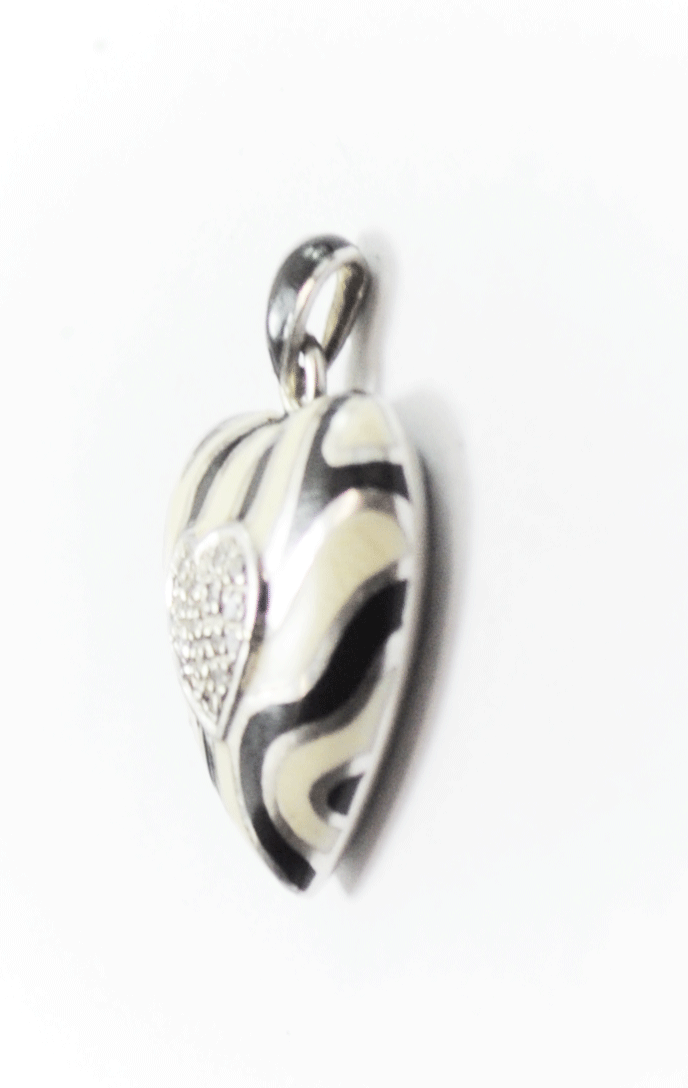 Sterling Black Ivory Enamel Tiger Stripe NDI CZ Pave Heart Pendant 19mm x 25mm