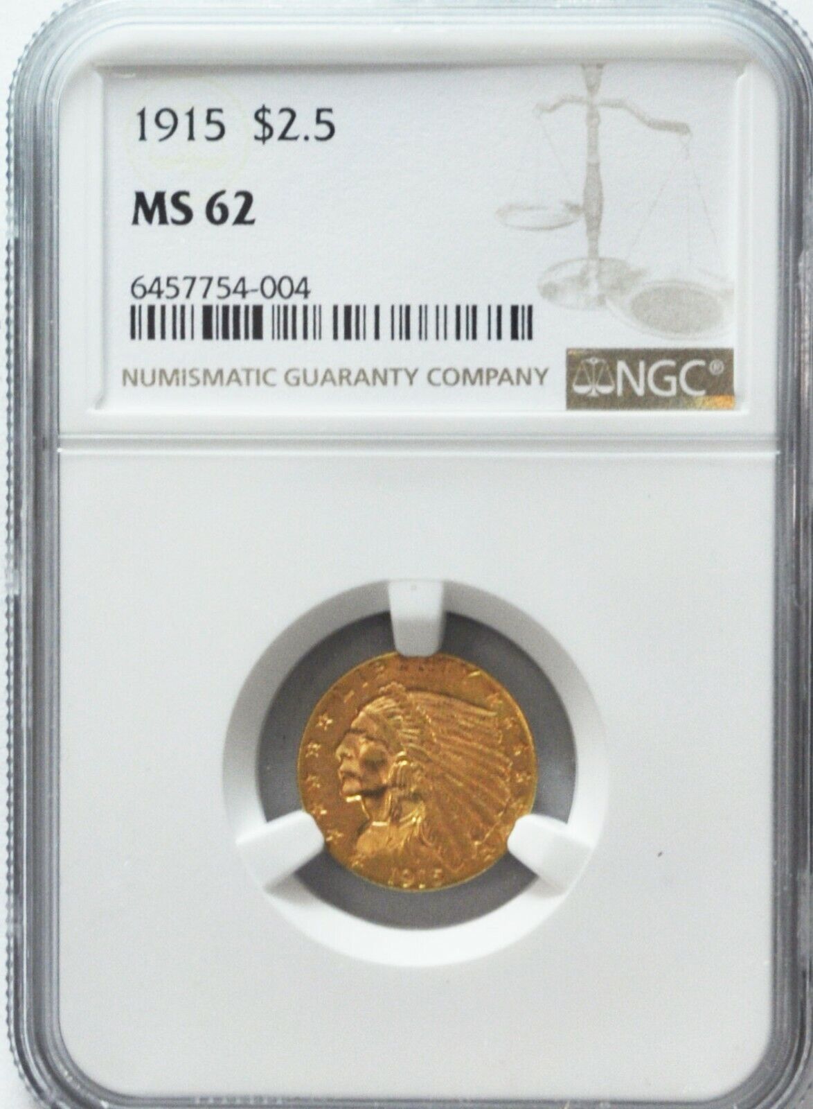 1915 $2.5 Indian Head Quarter Eagle Gold Philadelphia NGC MS62 Uncirculated