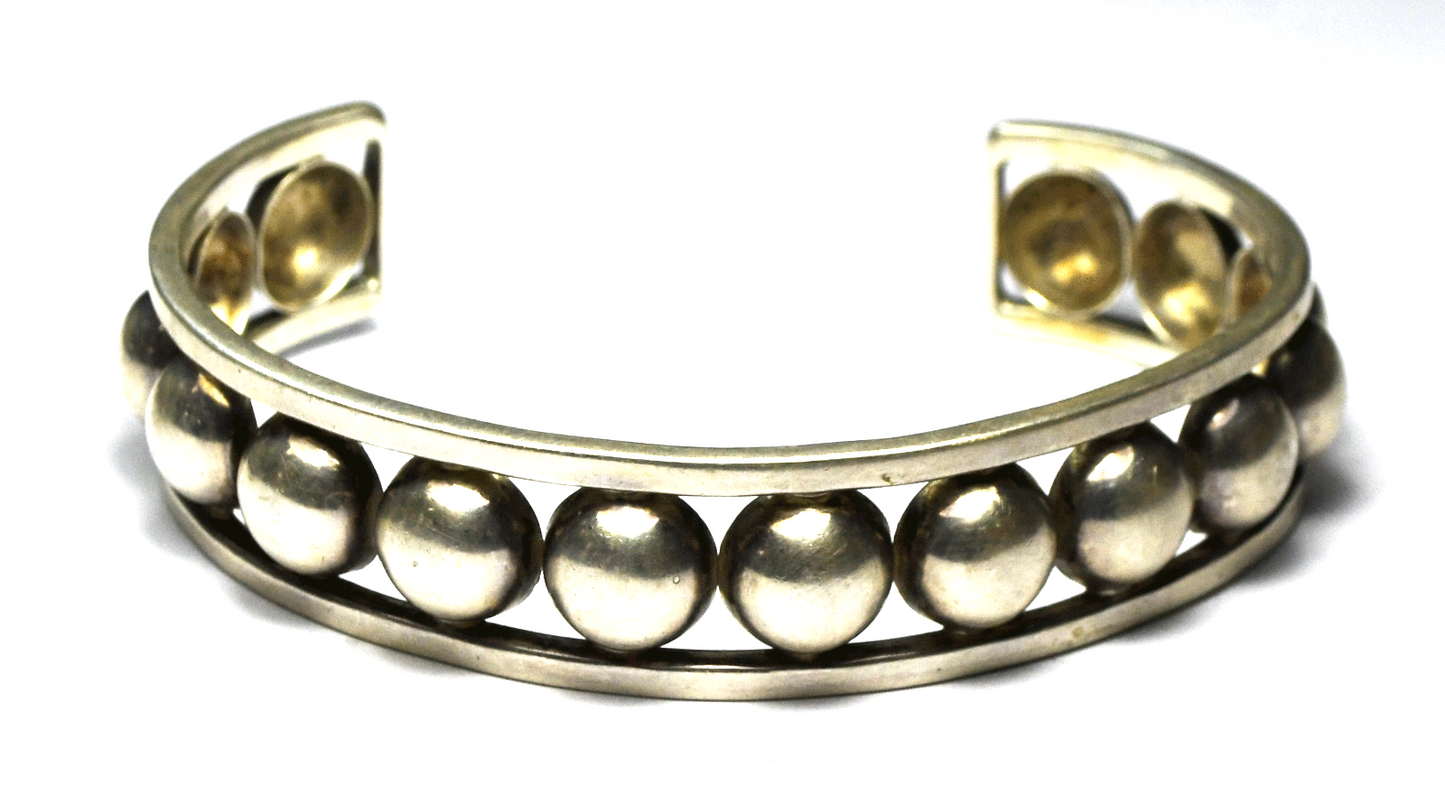 Sterling Half Sphere Row Peapod Cuff Bracelet 15mm 7.25" Wrist 27g